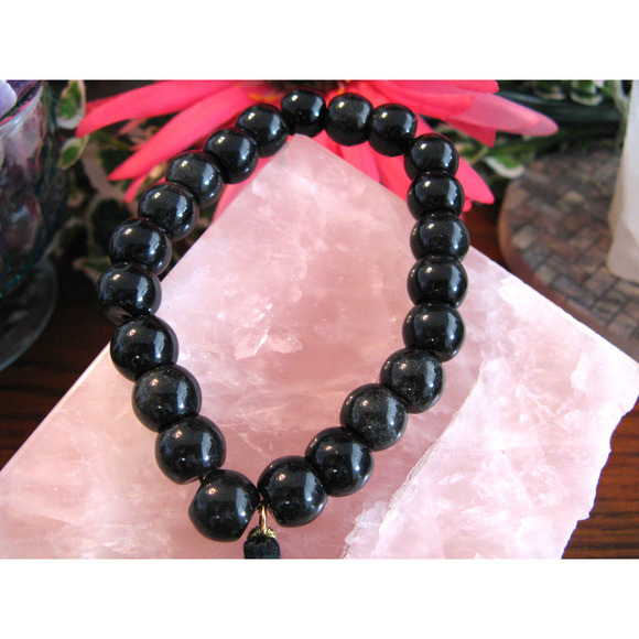 New Natural Black Obsidian Beaded Cuff Bracelet w/ Tassel - Picture 7 of 8